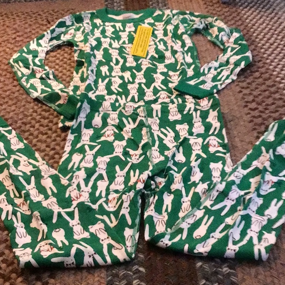 Hanna Andersson Green and White bunny Pajama Set Sleepwear